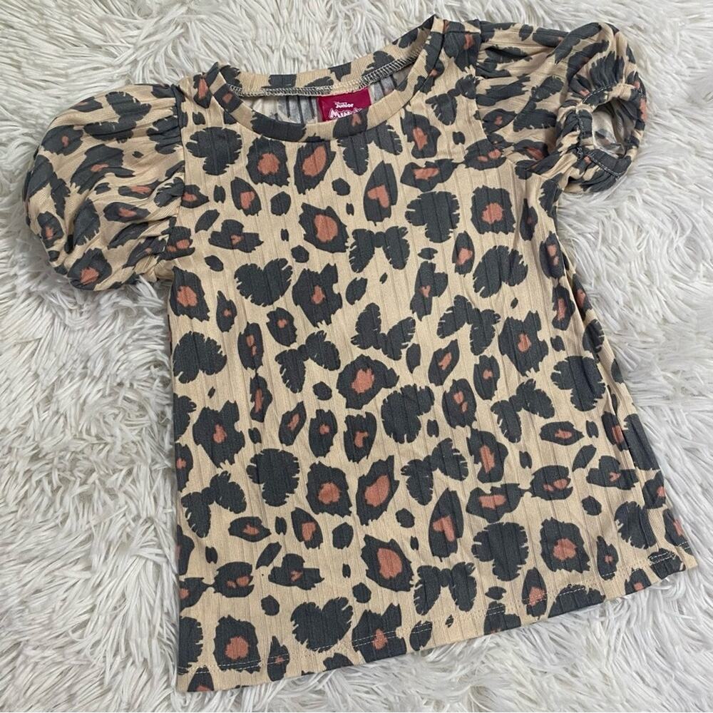 DISNEY • Junior Minnie Ears Leopard Animal Print Short Sleeve Top
